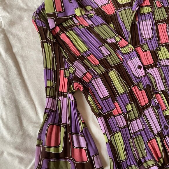 Retro Geometric Square Pleated Blouse 3/4 Bell Sleeves - Picture 11 of 12